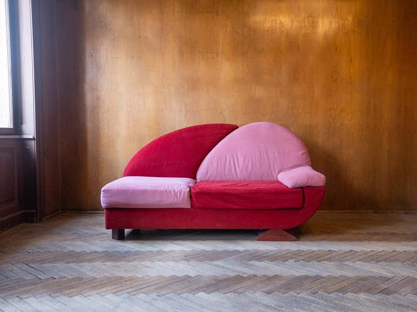 Post Modern Pink And Red Alcantara Sofas, Italy, 1980s photo vinterior