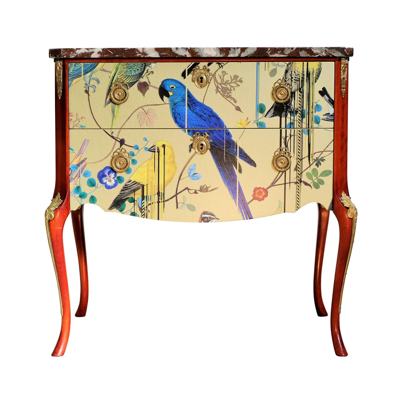 Louis XV Style Chest With Gold Birds Design And Marble Top