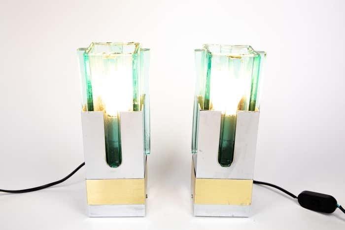 Pair Of Lampshades Table Lamps In Turquoise Glass, Brass And Chrome, Italy, 1970s photo furniture