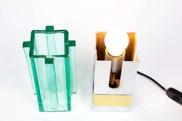 photo furniture Pair Of Lampshades Table Lamps In Turquoise Glass, Brass And Chrome, Italy, 1970s