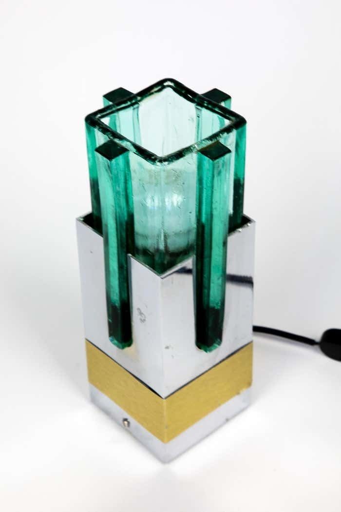 1427.0 Pair Of Lampshades Table Lamps In Turquoise Glass, Brass And Chrome, Italy, 1970s photo