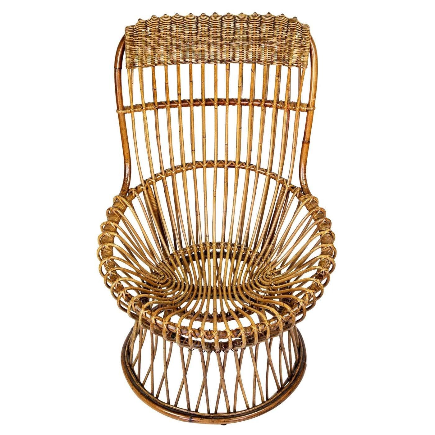 Mid Century Modern Outdoor Lounge Chair Made Of Wicker In The Style Of Franco Albini, Italy 1950s
