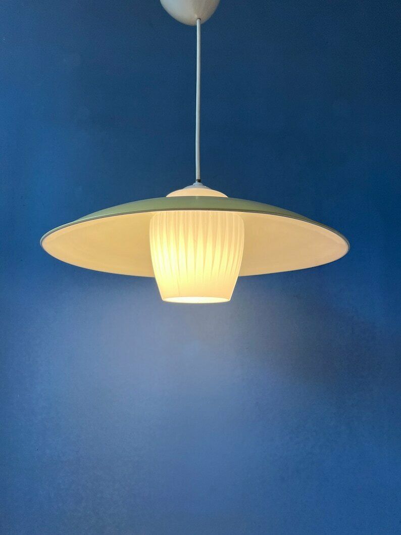 Mid Century Deense Hanglamp Met Gele Metalen Kap En Opaline Glazen Scherm