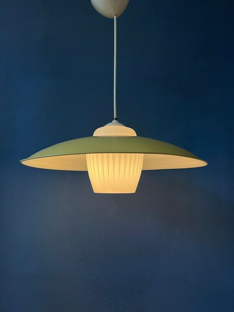 Mid Century Danish Pendant Lamp With Yellow Metal Cover And Opaline Glass Shade photo for sale
