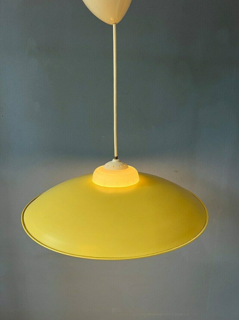 Mid Century Danish Pendant Lamp With Yellow Metal Cover And Opaline Glass Shade photo 352.0