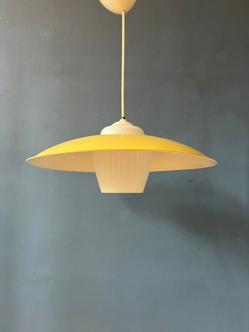 Mid Century Danish Pendant Lamp With Yellow Metal Cover And Opaline Glass Shade photo vinterior