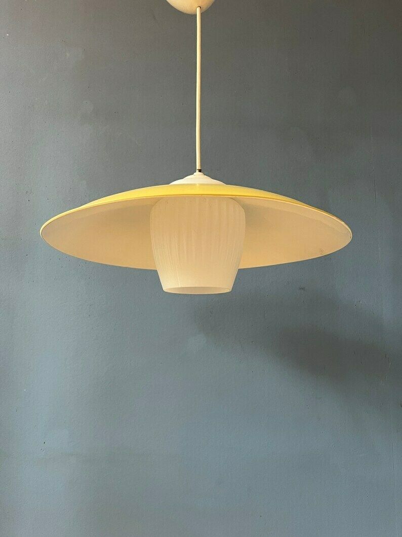Mid Century Danish Pendant Lamp With Yellow Metal Cover And Opaline Glass Shade photo vintage