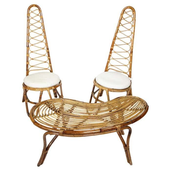 Mid Century Modern Rattan Chairs And High Back Table, Italy 1960s