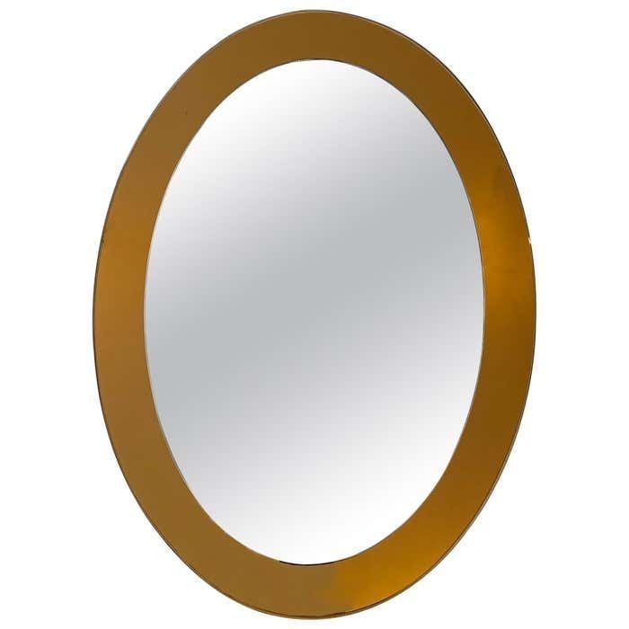 Brown Oval Glass Wall Mirror, Mid Century Modern, Italy, 1970s