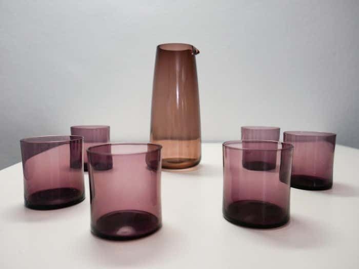 Purple Smoked Glass Water Carafe And Drinking Glasses, Mid Century Modern, 1960s photo furniture