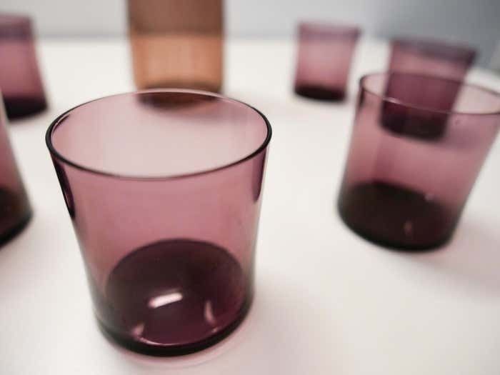 616.0 Purple Smoked Glass Water Carafe And Drinking Glasses, Mid Century Modern, 1960s photo