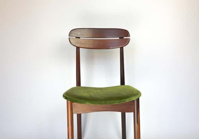photo vintage Mid Century Modern Dining Chairs With Green Velvet Upholstery, Set Of 6, 1950s