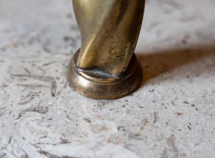 980.0 Mid Century Modern Brass Marble Adjustable Arm Floor Lamp, Italy 1950s photo