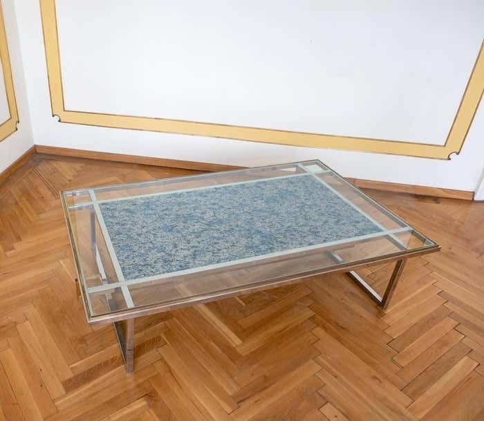 Mid Century Modern Brass Chrome Glass Marble Coffee Table, Italy 1970s photo furniture