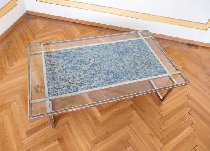 Mid Century Modern Brass Chrome Glass Marble Coffee Table, Italy 1970s photo for sale