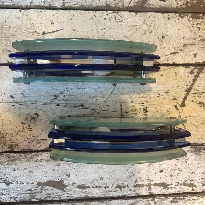 1960s Set Of Two Space Age Blue Heavy Glass Italian Wall Sconces By Veca photo buy