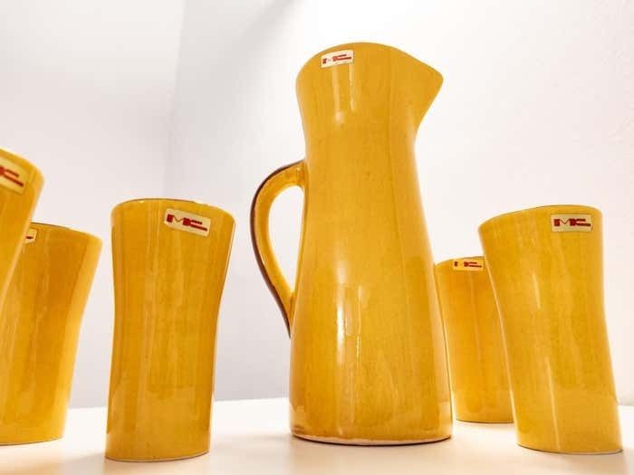 Mid Century Yellow Carafe Set With 5 Cups In Glazed Ceramic, France 1970s photo for sale