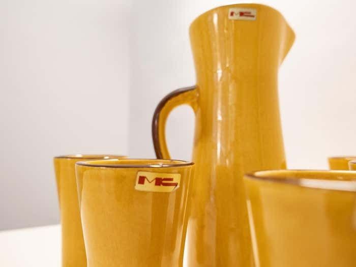 Mid Century Yellow Carafe Set With 5 Cups In Glazed Ceramic, France 1970s photo 250.0