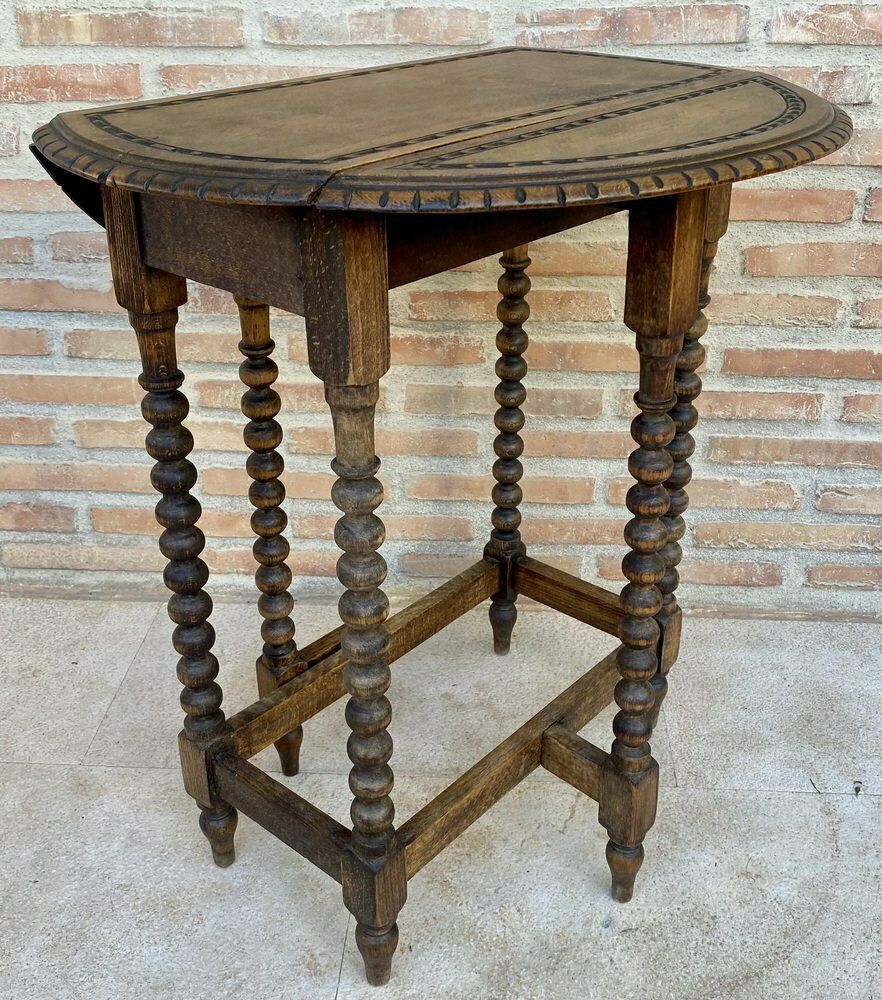 Round Folding Center Oak Table With Carved Top And Solomonic Legs, 1940s photo buy