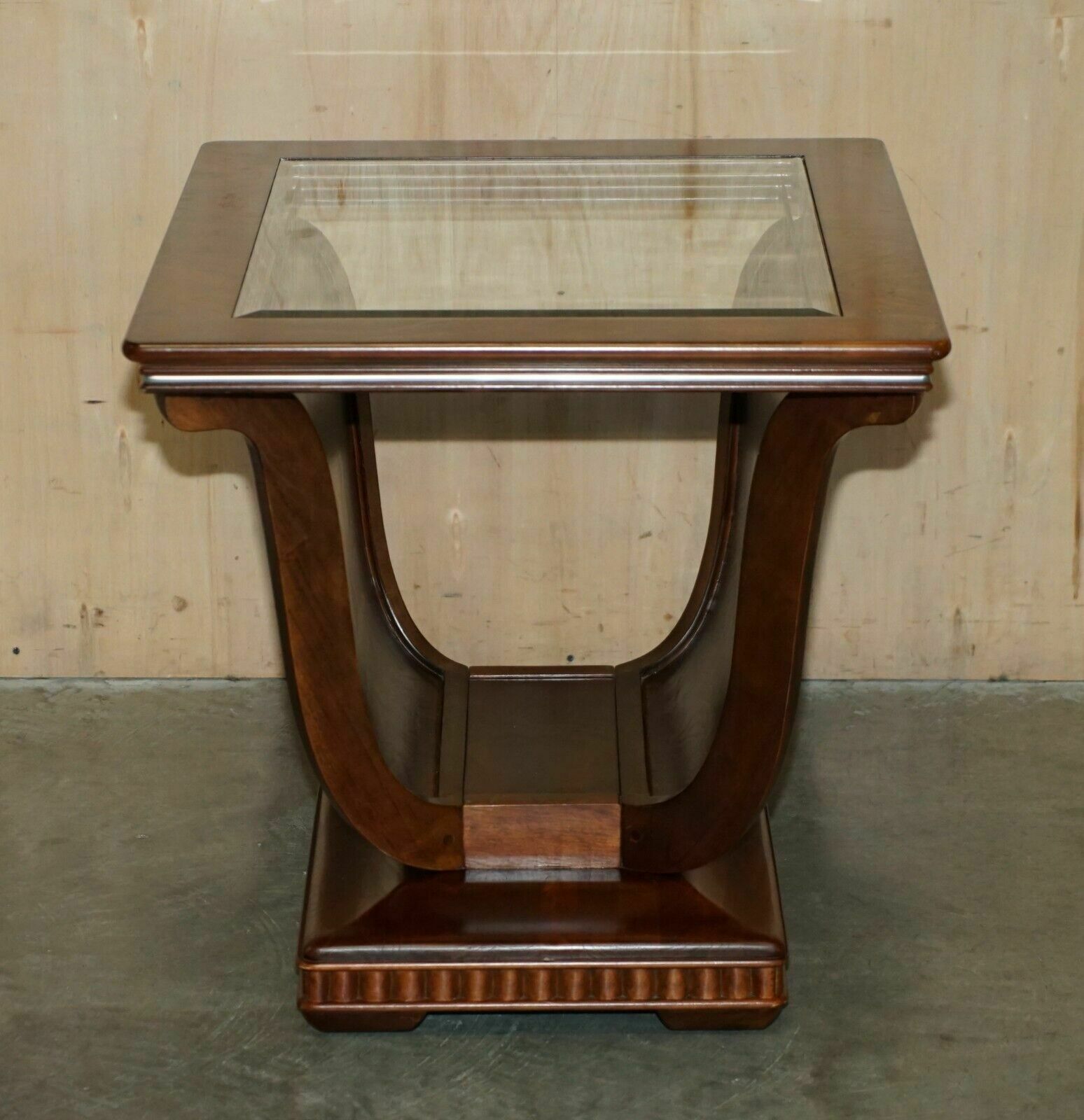 Four Large Tulip Shaped Glass Top Elm Side End Tables With Hidden Base Storage photo Furniture