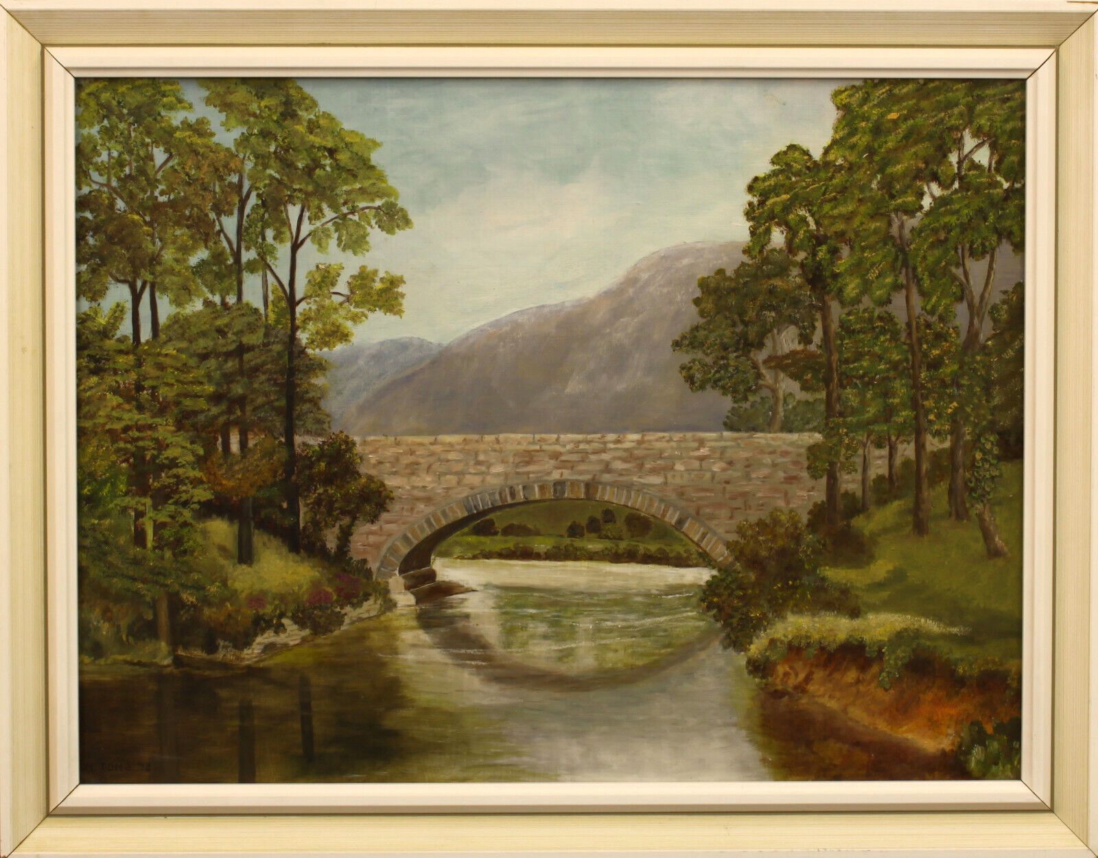 Oil On Board By A Tong. Bridge Over River, Mountain In Distance