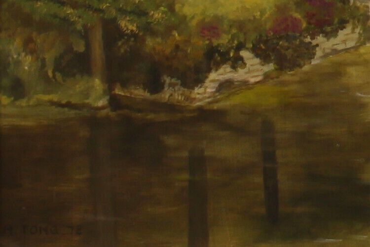 Oil On Board By A Tong. Bridge Over River, Mountain In Distance photo for sale
