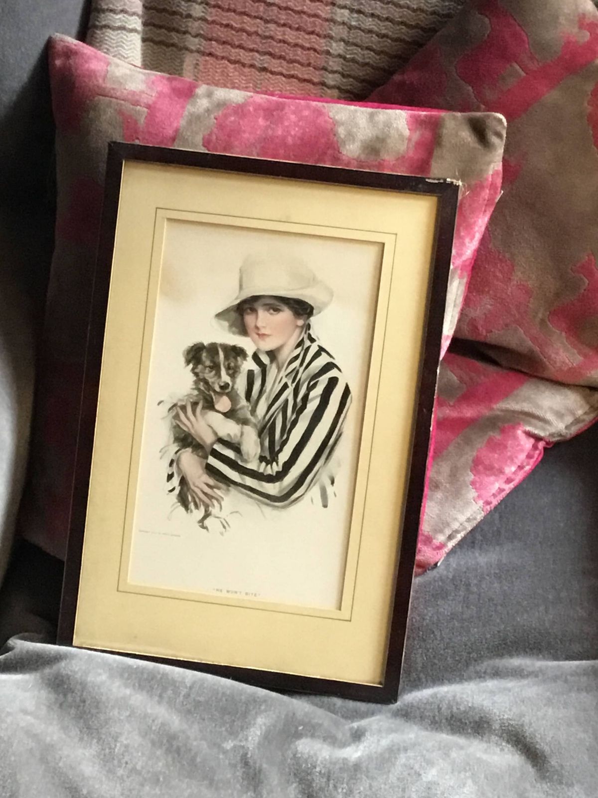 Gorgeous Art Deco Print By Harrison Fisher “He Won’t Bite” In Original Frame 25 X 37 Cms photo furniture