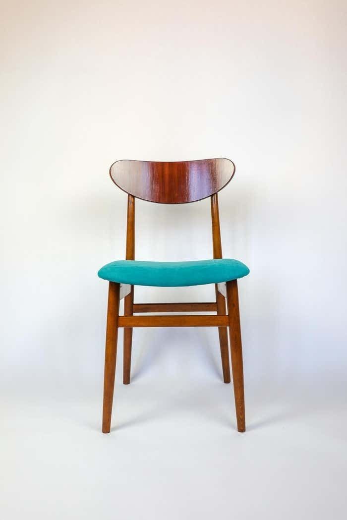 photo buy Mid Century Modern Dining Chairs With Blue Velvet Upholstery, Set Of 6, 1950s