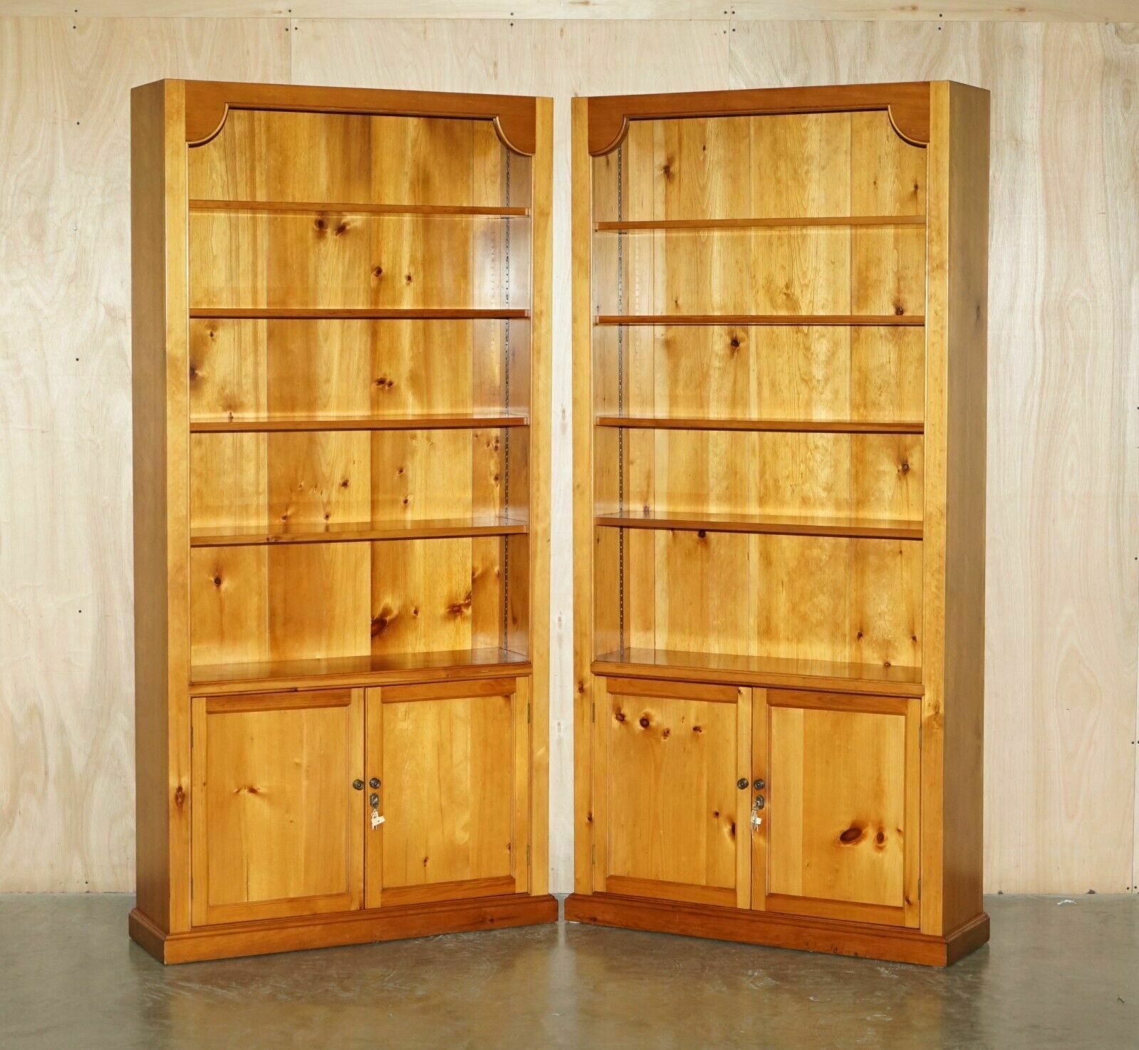 Pair Of Vintage Cherrywood Open Library Bookcases With Lockable Cupboard Bases