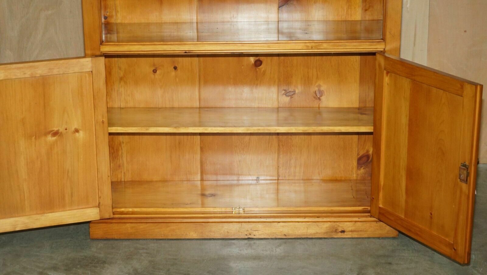 Furniture Pair Of Vintage Cherrywood Open Library Bookcases With Lockable Cupboard Bases photo
