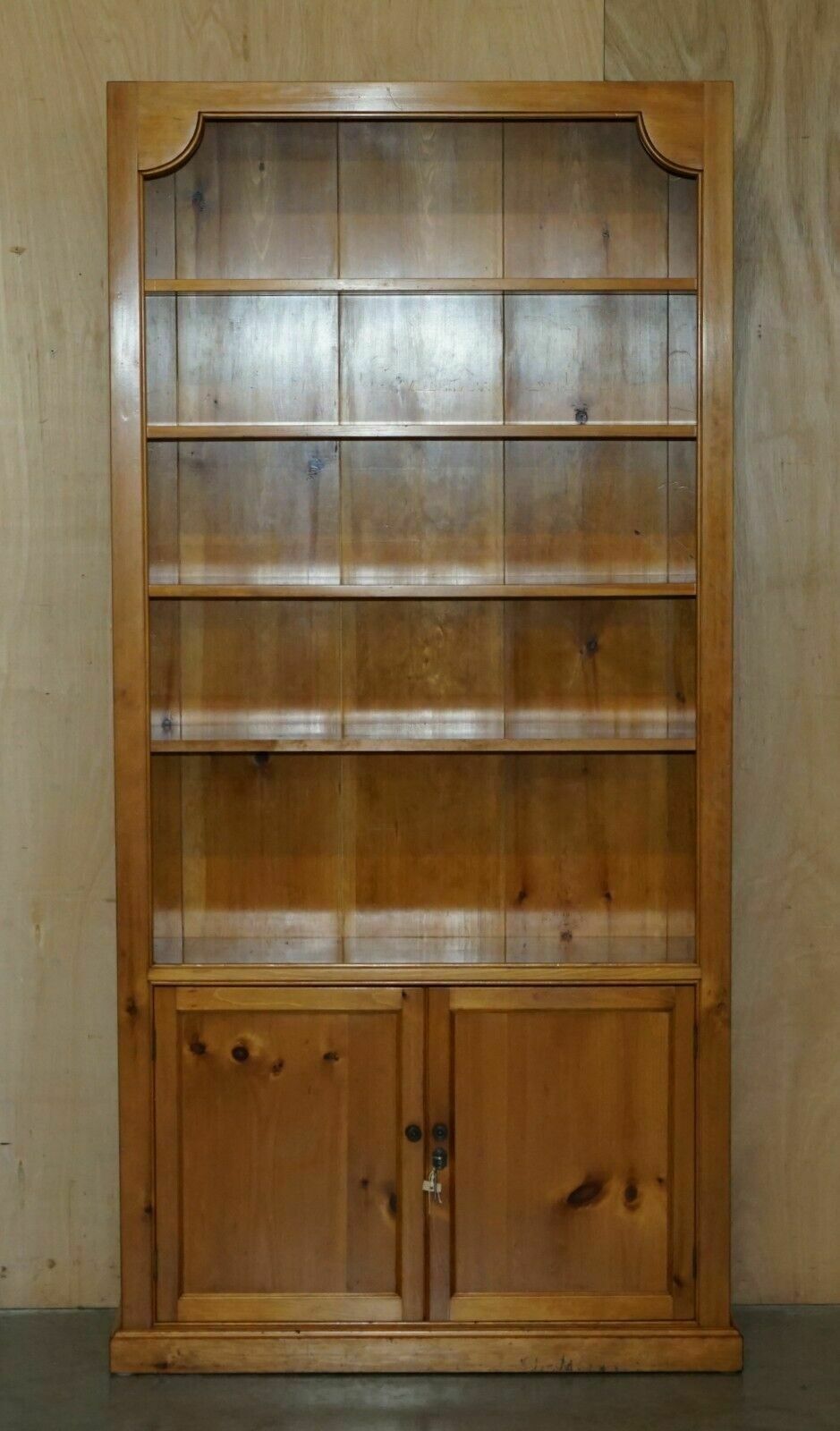 photo buy Pair Of Vintage Cherrywood Open Library Bookcases With Lockable Cupboard Bases