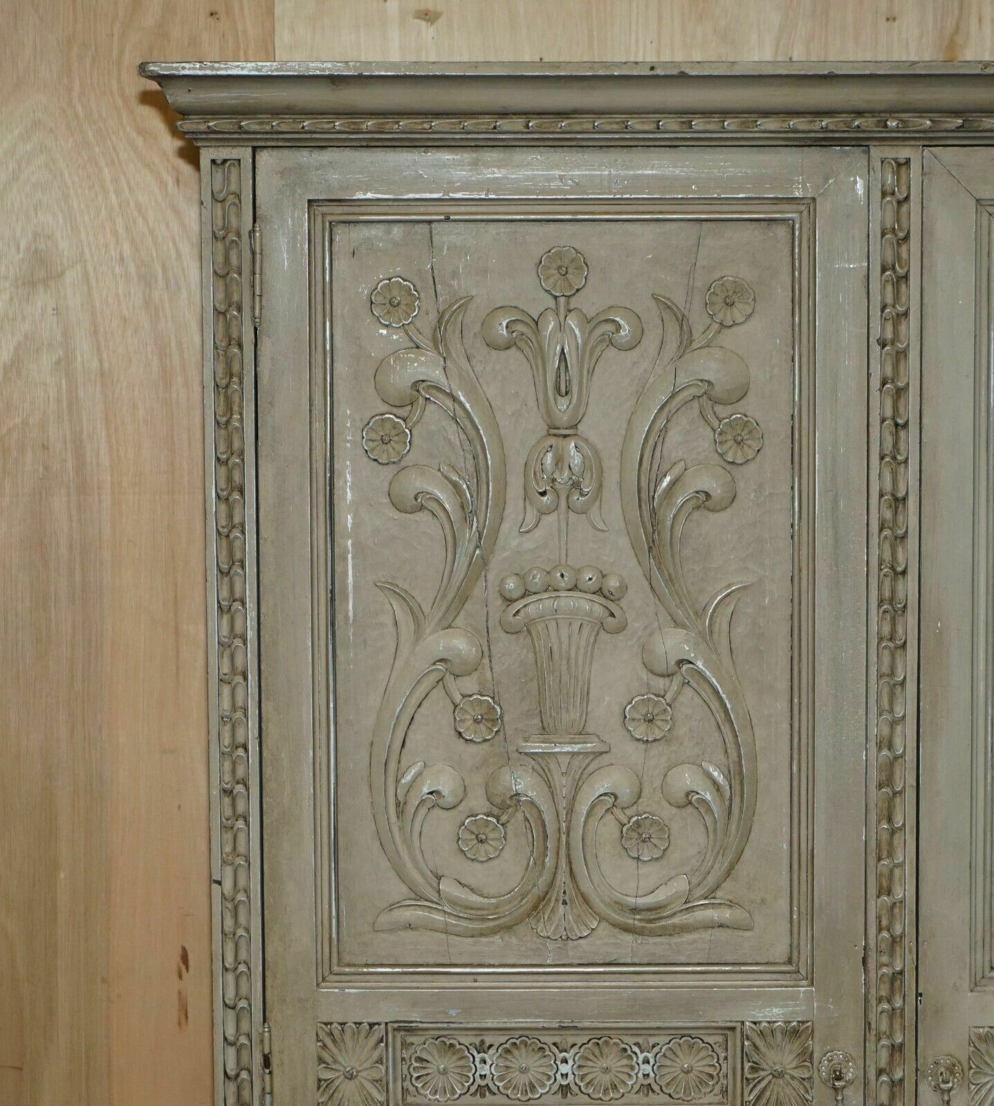 Antique Jacobean Revival Hand Carved Armoire Wardrobe With Grey French Paint photo Furniture