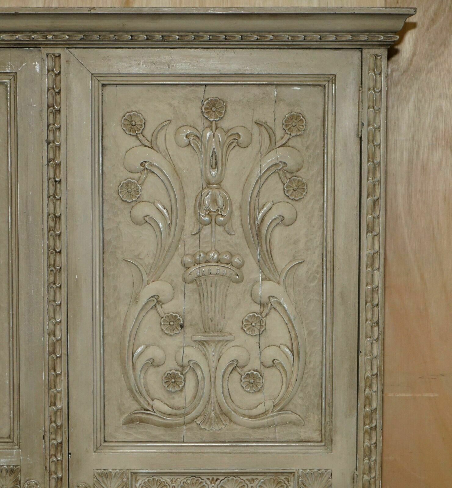 Antique Jacobean Revival Hand Carved Armoire Wardrobe With Grey French Paint photo 4750.0