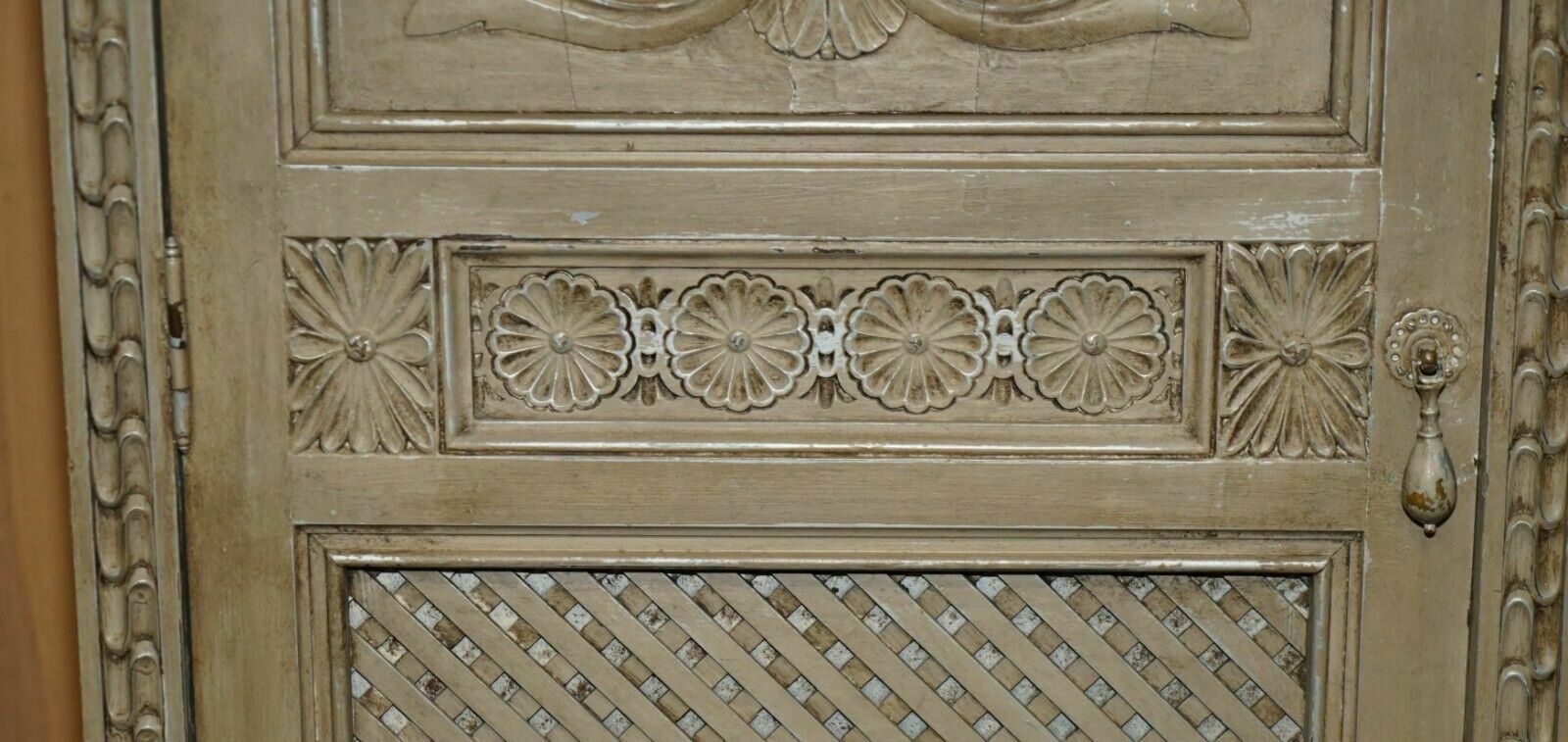 Antique Jacobean Revival Hand Carved Armoire Wardrobe With Grey French Paint photo buy