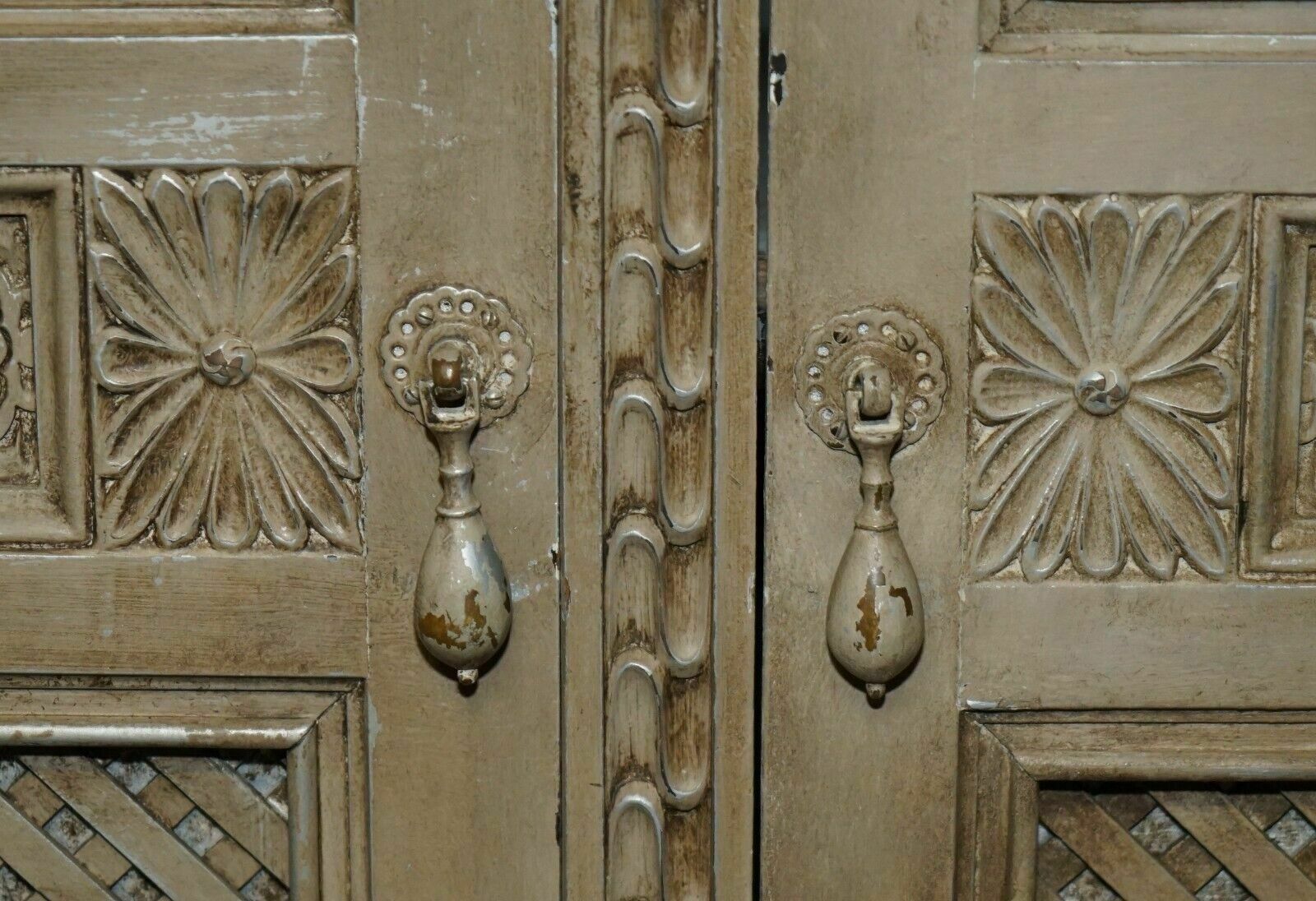 photo furniture Antique Jacobean Revival Hand Carved Armoire Wardrobe With Grey French Paint