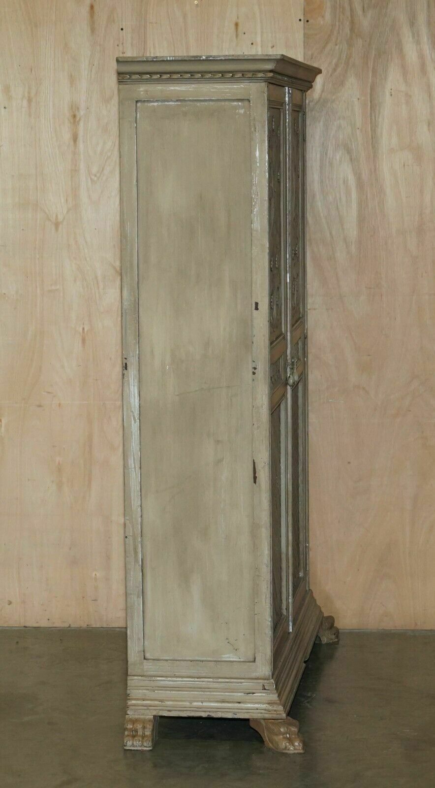 photo vinterior Antique Jacobean Revival Hand Carved Armoire Wardrobe With Grey French Paint