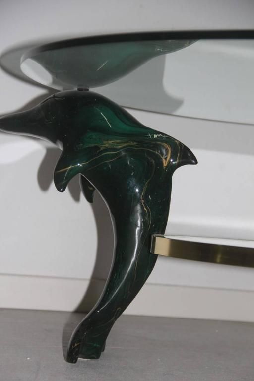 Italian Dolphins Coffee Table 1970, Wood Lacquered Green , Brass , Glass Round photo 2160.0
