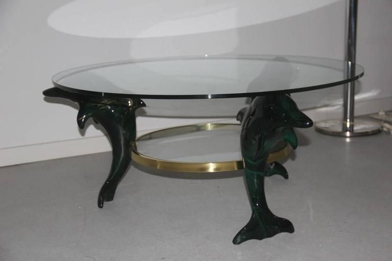 Italian Dolphins Coffee Table 1970, Wood Lacquered Green , Brass , Glass Round photo vinterior