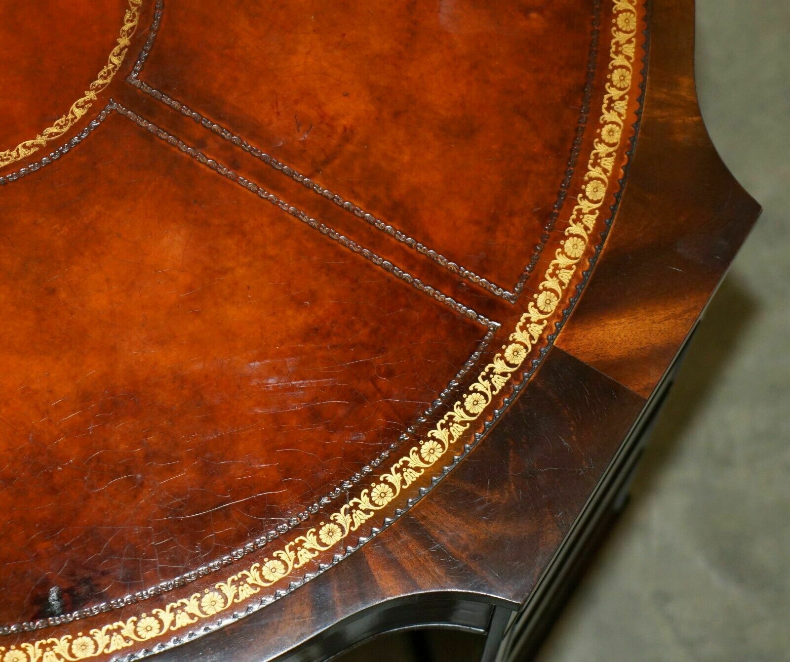 Exquisite Flamed Mahogany Hand Dyed Brown Leather Library Pedestal 2 Person Desk photo buy
