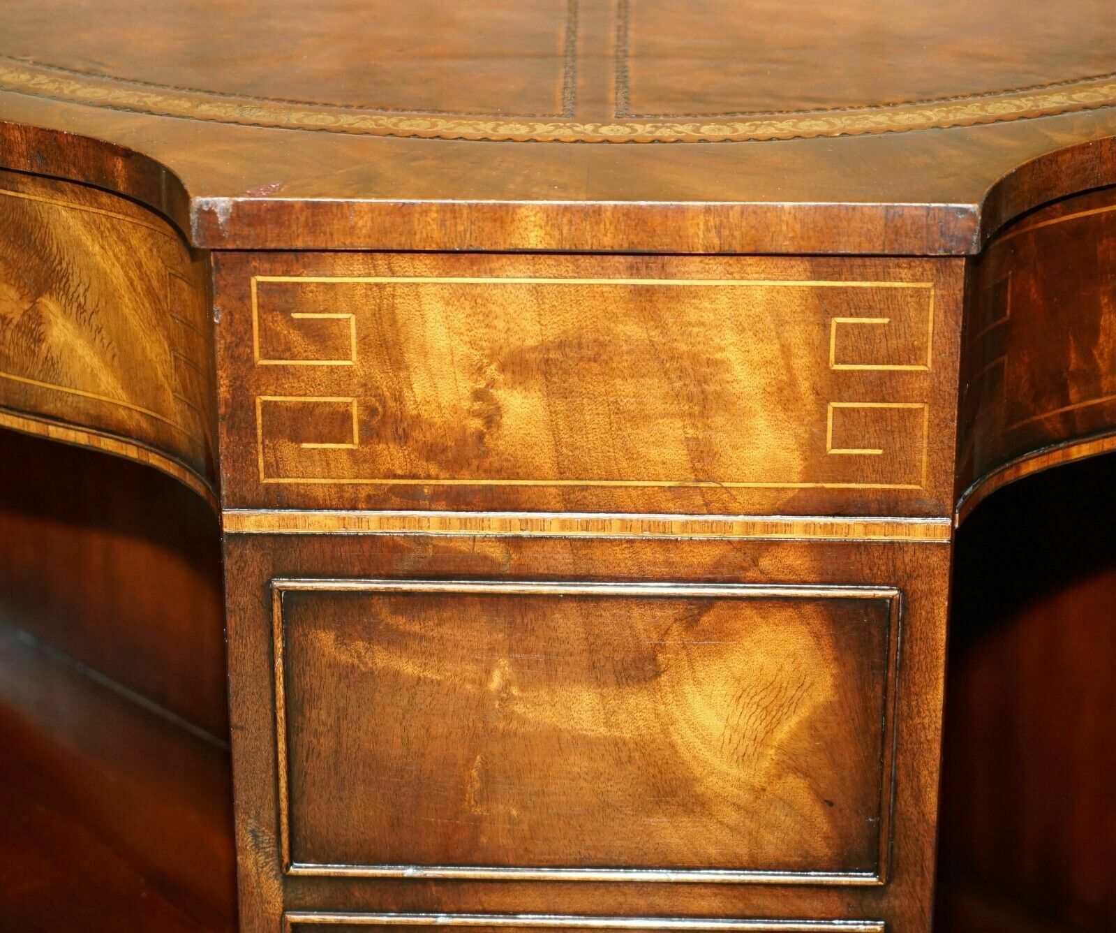 photo vinterior Exquisite Flamed Mahogany Hand Dyed Brown Leather Library Pedestal 2 Person Desk