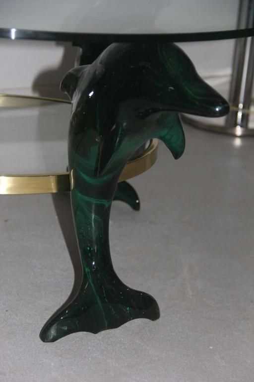 photo furniture Italian Dolphins Coffee Table 1970, Wood Lacquered Green , Brass , Glass Round