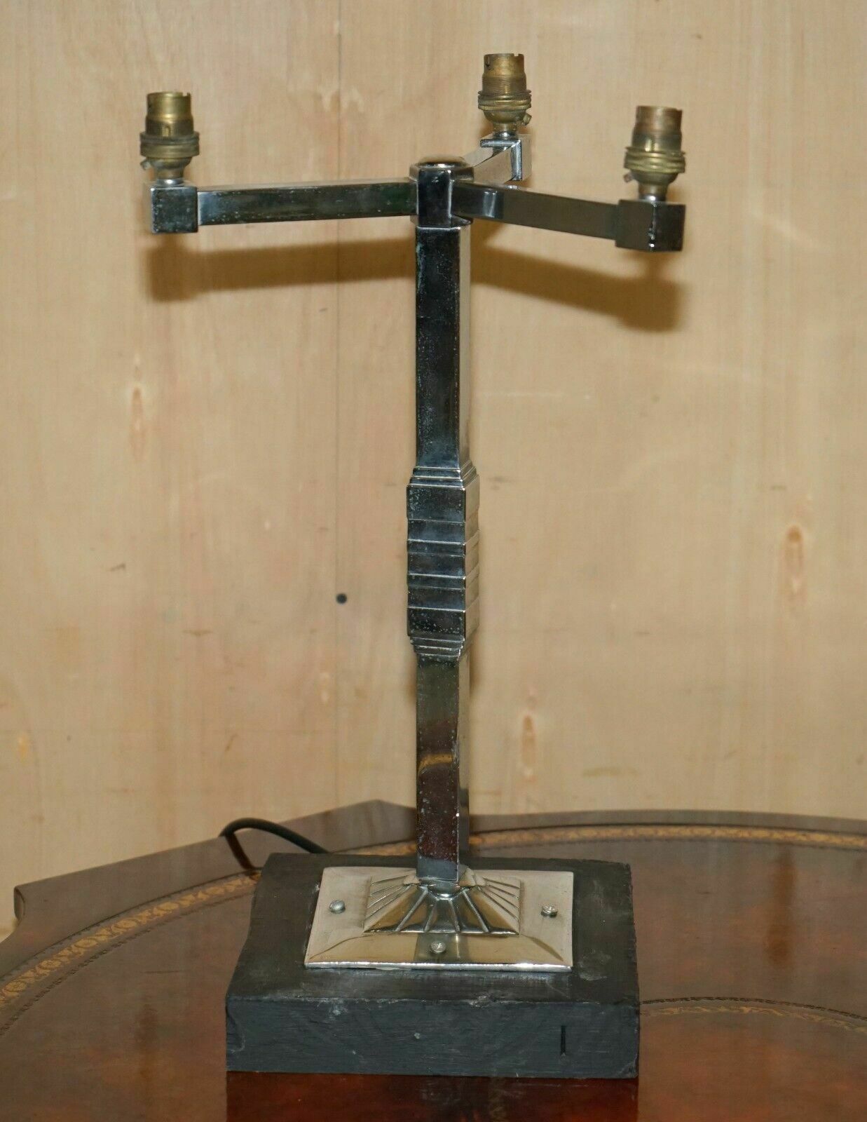 Pair Of Original Antique French Art Deco Chrome Three Brand Light Table Lamps photo for sale