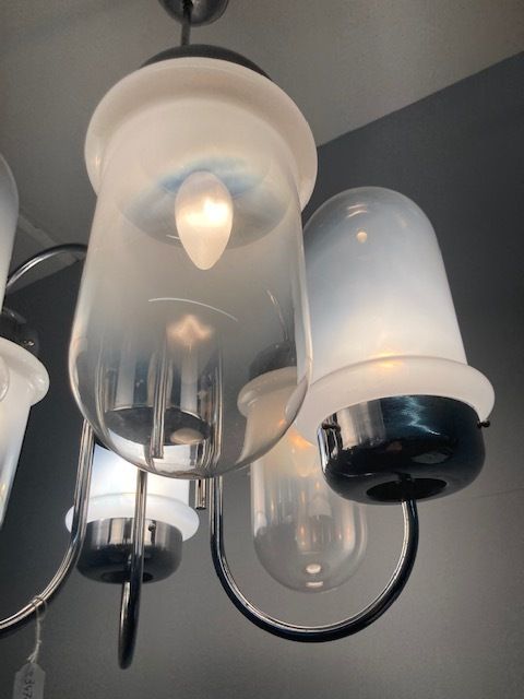 Vintage 70s Six Light Chrome And Murano Designer Chandelier. Electrified Modern Design photo furniture