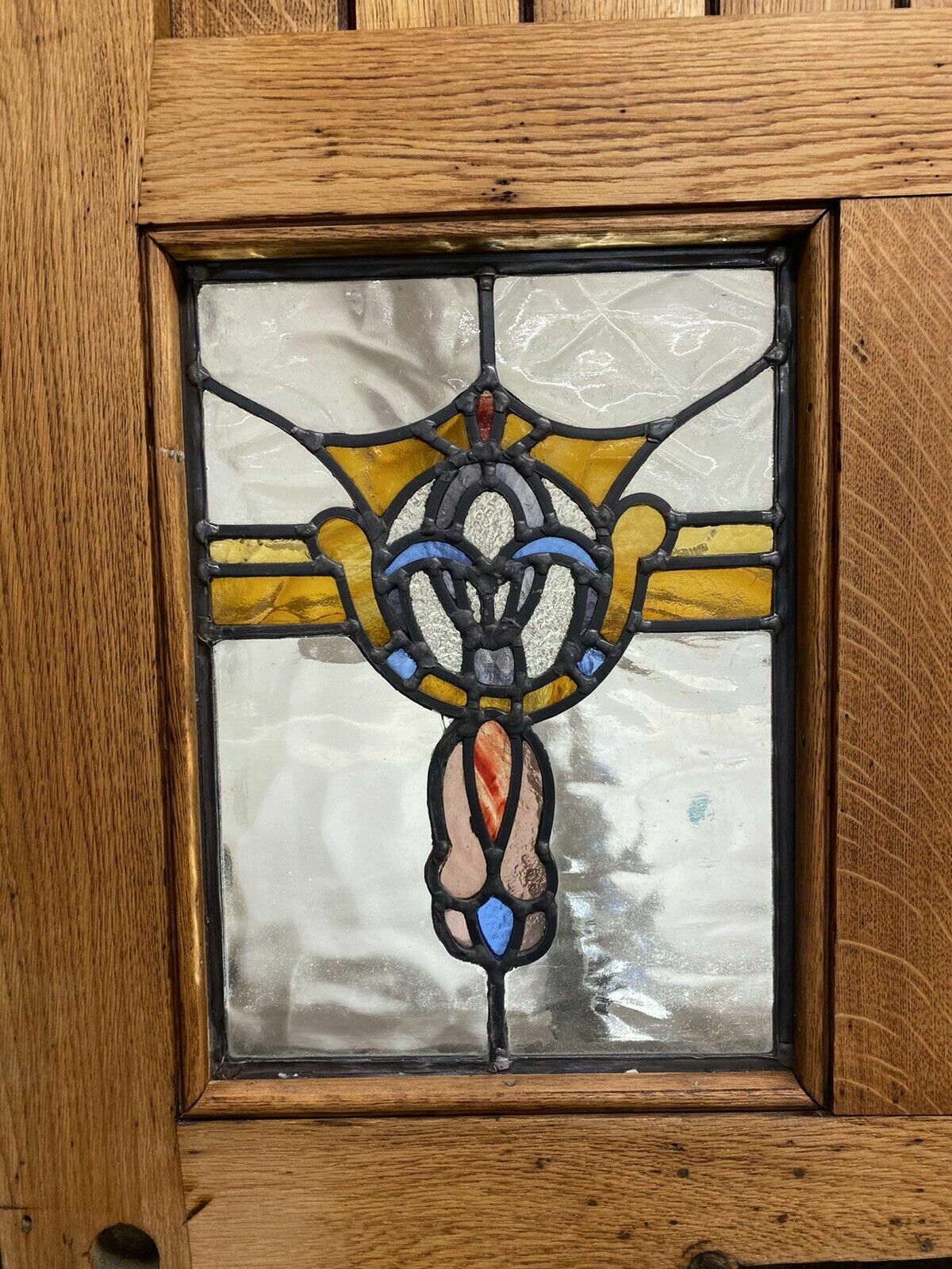 photo vintage Solid Oak Front Door Stained Glass Old Period Antique Reclaimed Wood Cast Iron
