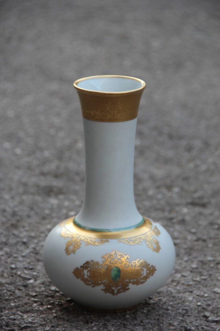 Finzi Porcelain Vase Gold 24  Karat Italian Design Mid Century Modern White 1950 photo vinterior