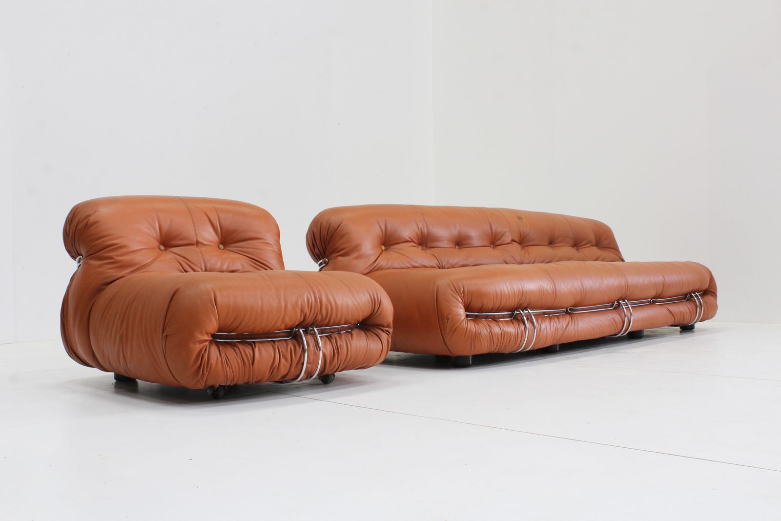 Soriana Lounge Set By Afra & Tobia Scarpa For Cassina In Cognac Leather photo furniture