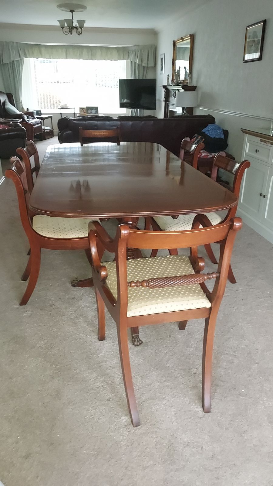 Hand Polished,Ebony Inlay.Top In Three Sections.Two Carvers, 4 Chairs photo for sale