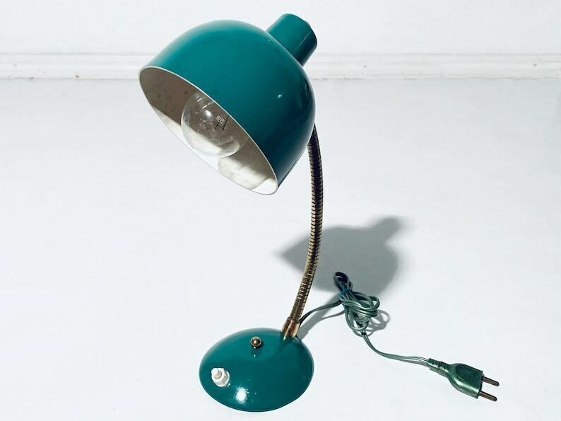 Small Industrial Green Metal Table Lamp / 1950s Mid Century Vintage Desk Decor photo furniture