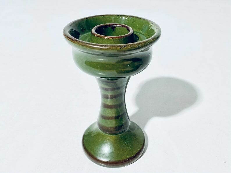 Green Ceramic Candleholder With Plinth / 1960s 70s Scandinavian Decor photo for sale
