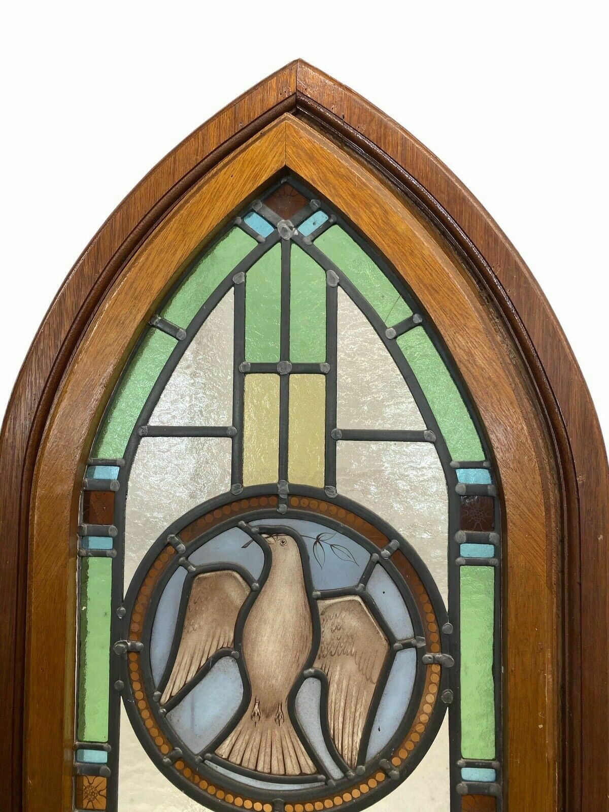 Exquisite Stained Glass Hand Painted Window Panel Old Restored Arched Teak Opens photo furniture
